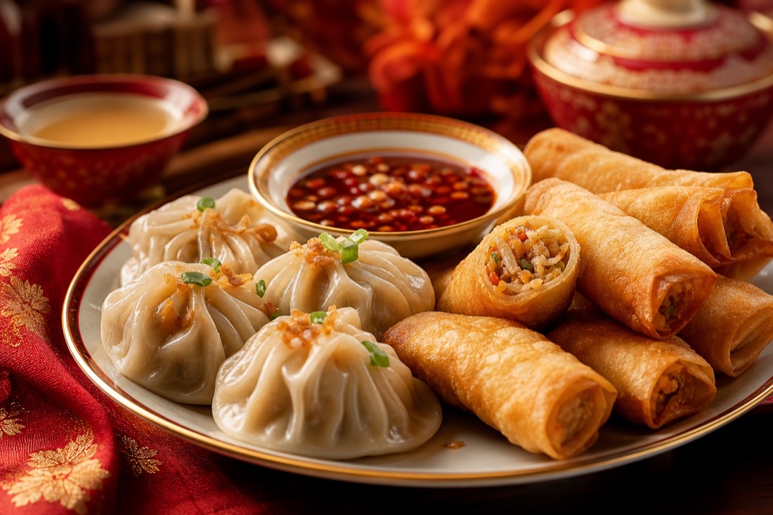 Crispy spring rolls and steamed dumplings with dipping sauce