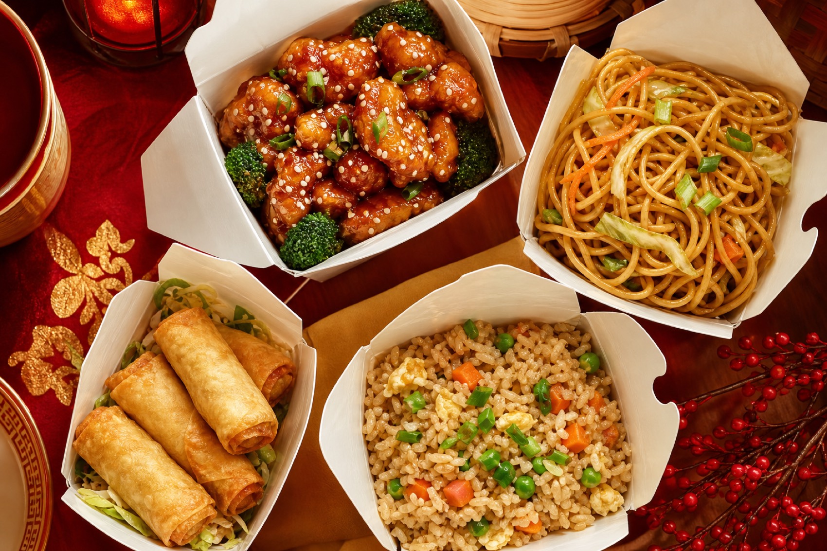 A spread of Chinese take-out favorites β sesame chicken, lo mein, spring rolls and fried rice in take-out boxes