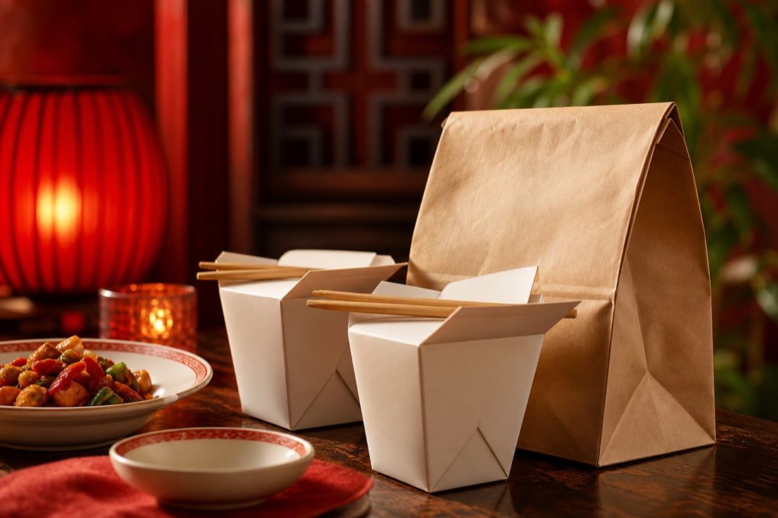 White take-out containers with chopsticks